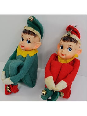2 Large 14" Knee Huggers Vintage Christmas Devious Green Red Elf Dolls Japan